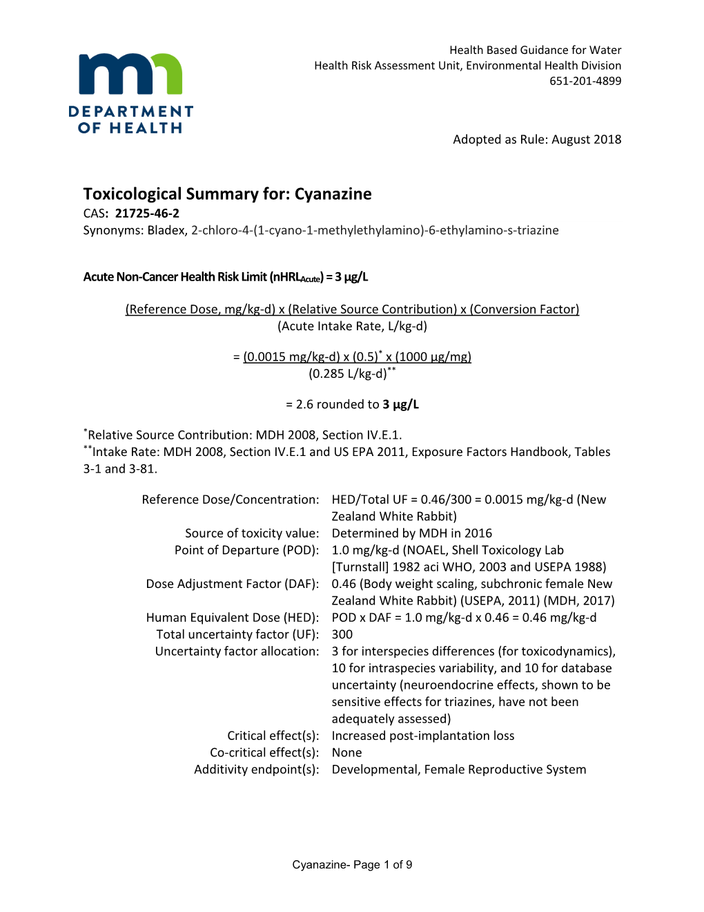 Cyanazine Toxicological Summary Minnesota Department of Health