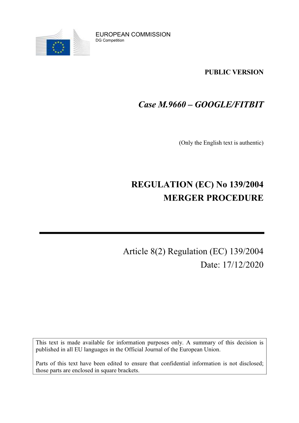 Case M.9660 – GOOGLE/FITBIT REGULATION (EC)