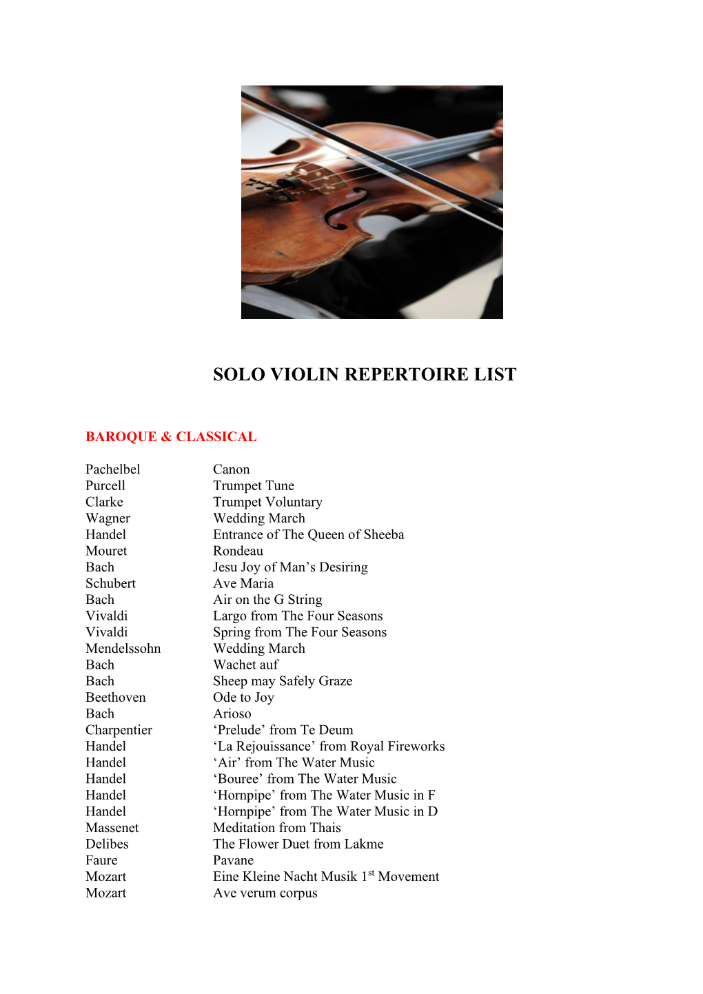 Solo Violin Repertoire List