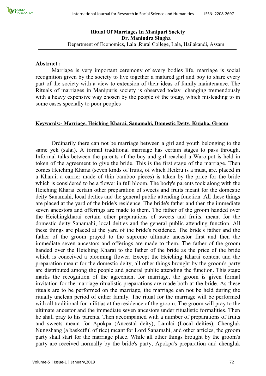 Issue-1 | January,2019 72 International Journal for Research in Social Science and Humanities ISSN: 2208-2697