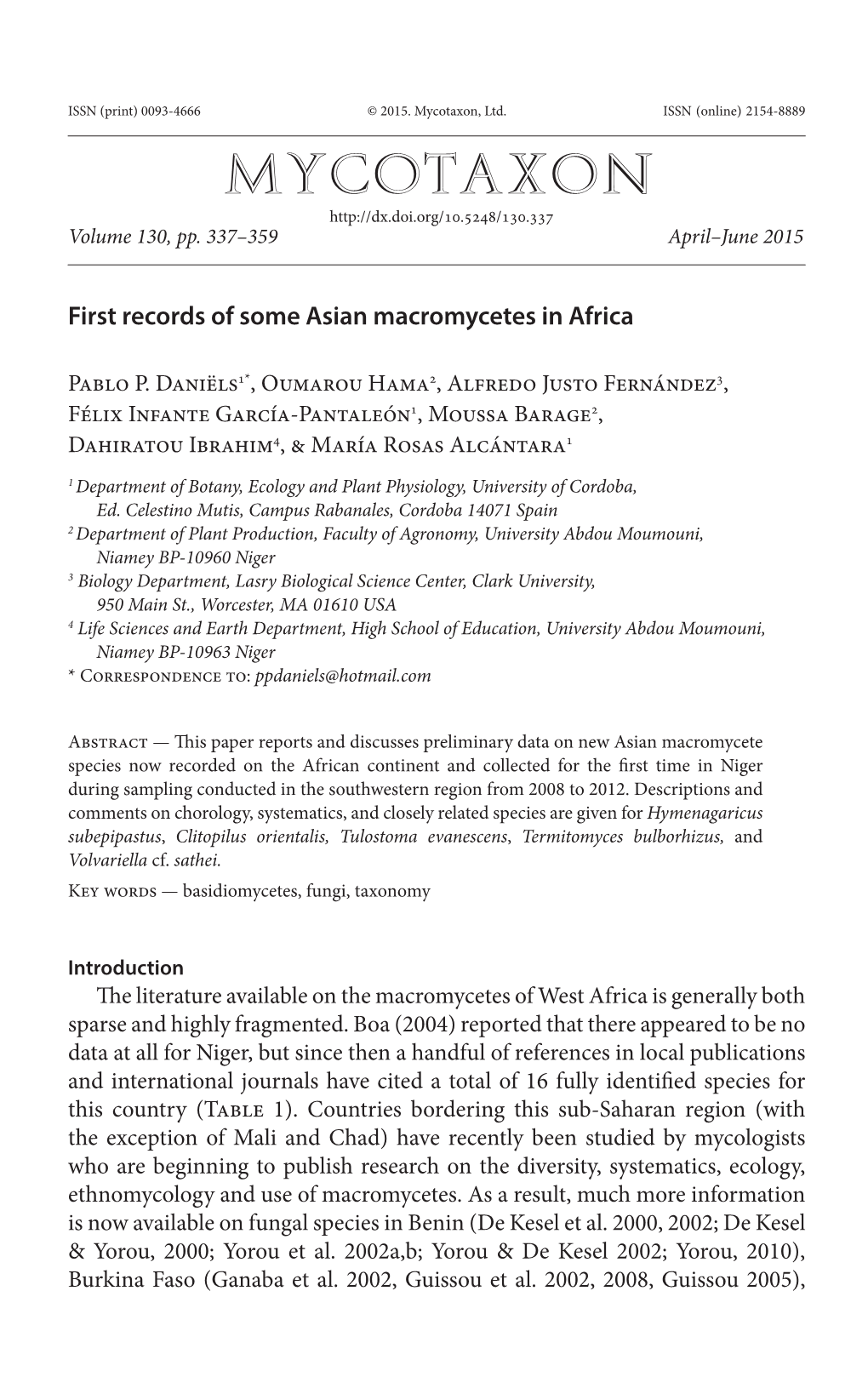 First Records of Some Asian Macromycetes in Africa