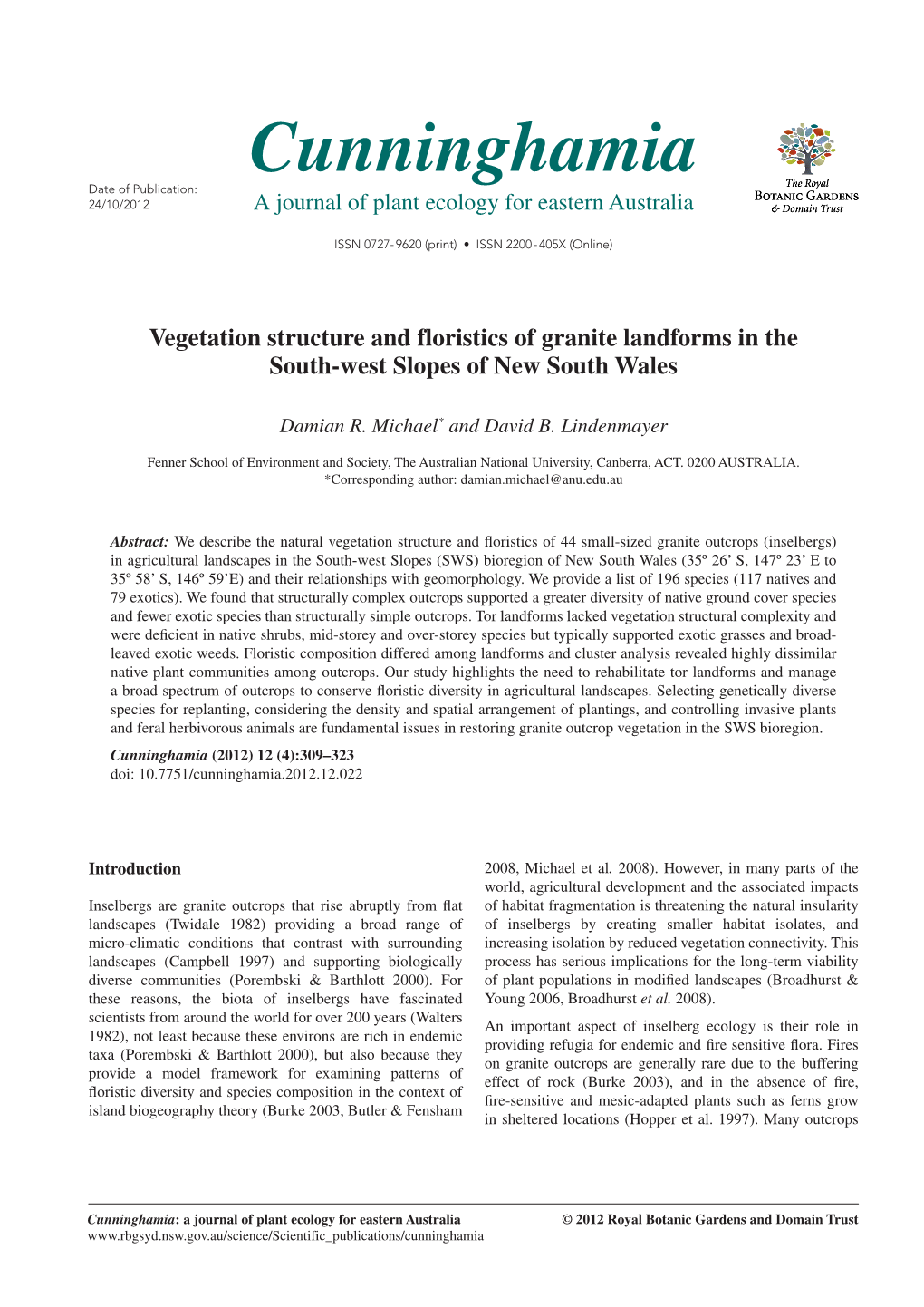 Cunninghamia Date of Publication: 24/10/2012 a Journal of Plant Ecology for Eastern Australia