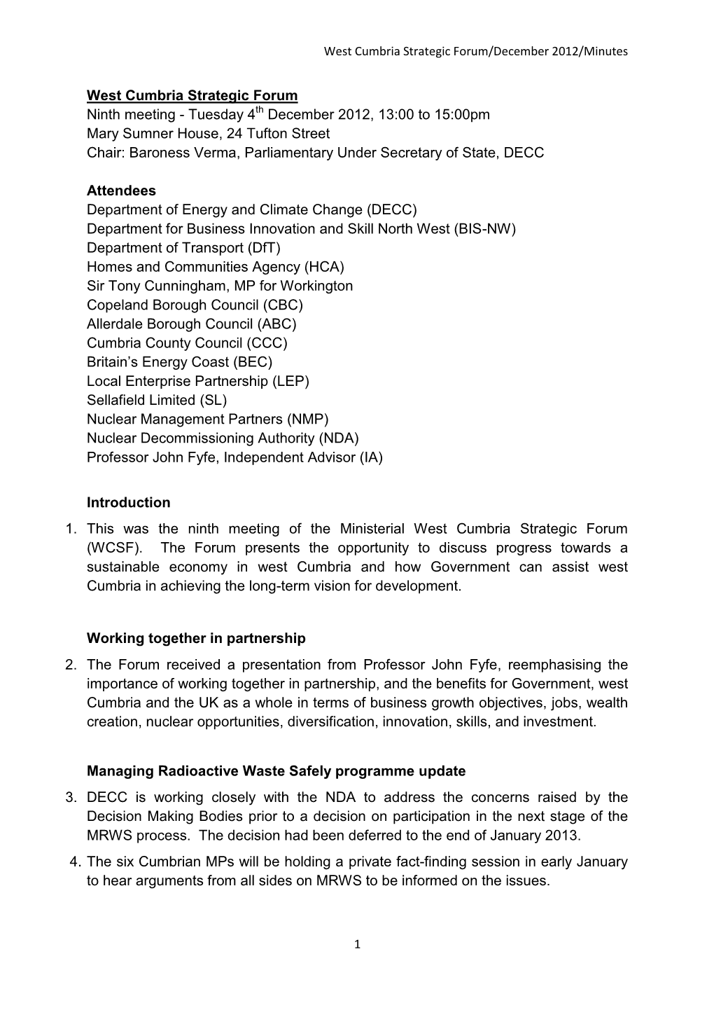 West Cumbria Strategic Forum Ninth Meeting