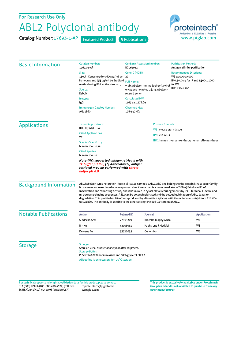 ABL2 Polyclonal Antibody Catalog Number:17693-1-AP Featured Product 5 Publications