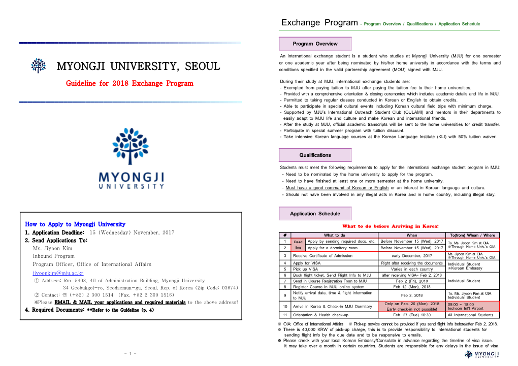 MYONGJI UNIVERSITY, SEOUL Conditions Specified in the Valid Partnership Agreement (MOU) Signed with MJU