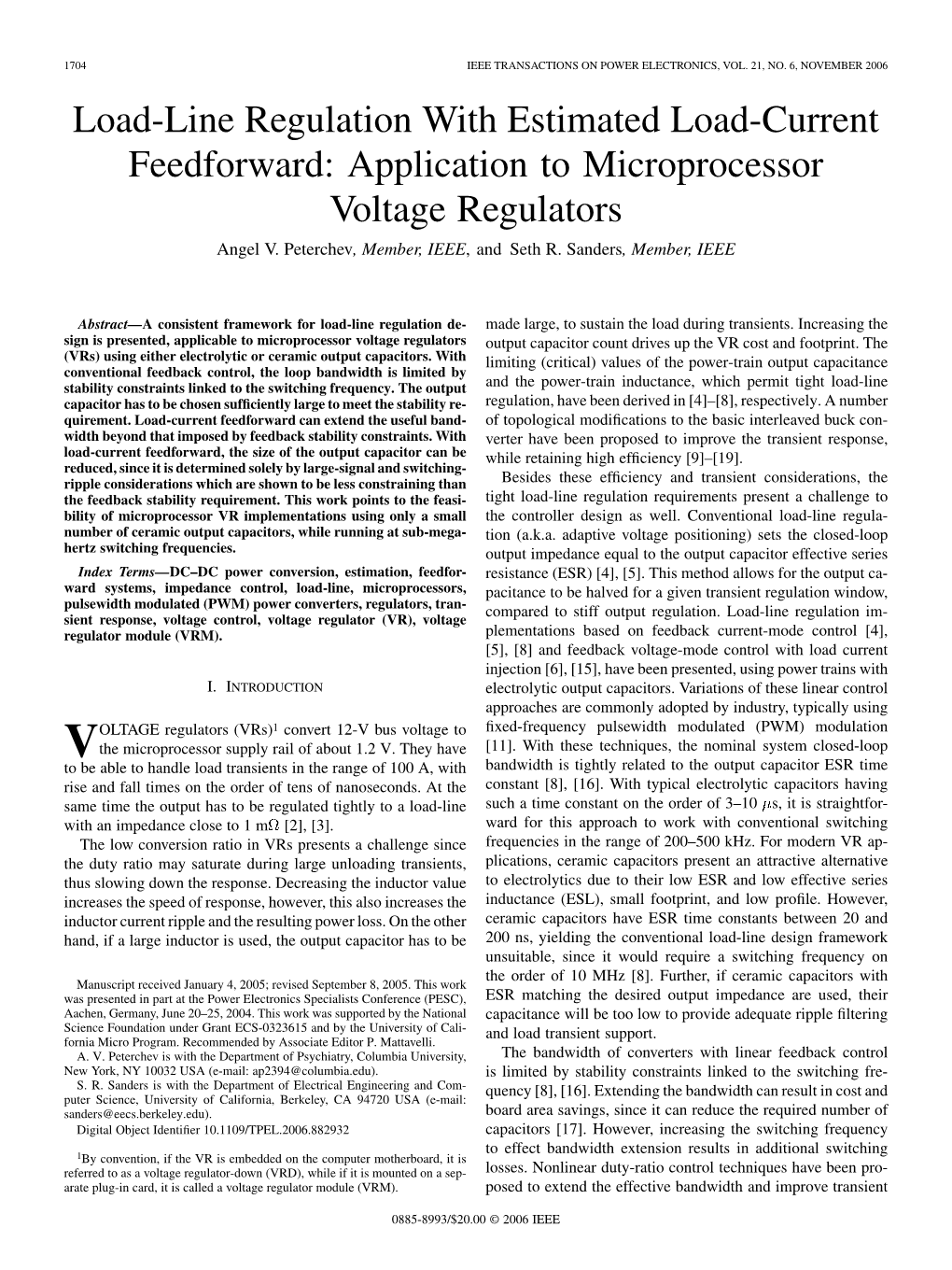 Load-Line Regulation with Estimated Load-Current Feedforward: Application to Microprocessor Voltage Regulators Angel V