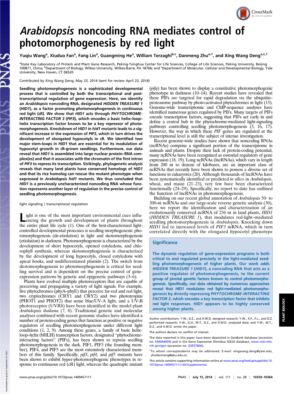 Arabidopsis Noncoding RNA Mediates Control of Photomorphogenesis by Red Light