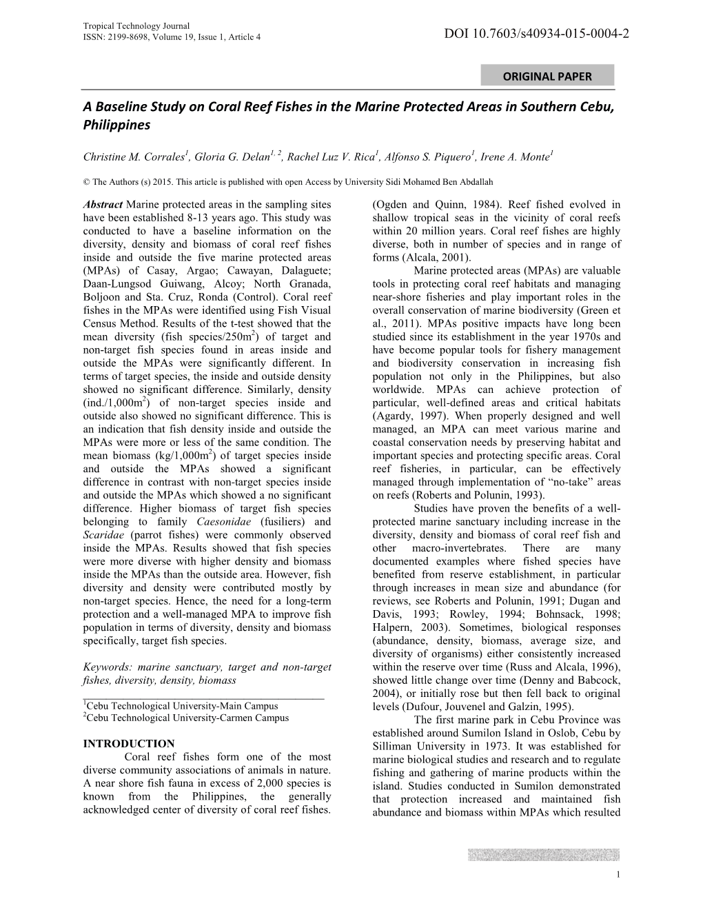 A Baseline Study on Coral Reef Fishes in the Marine Protected Areas in Southern Cebu, Philippines