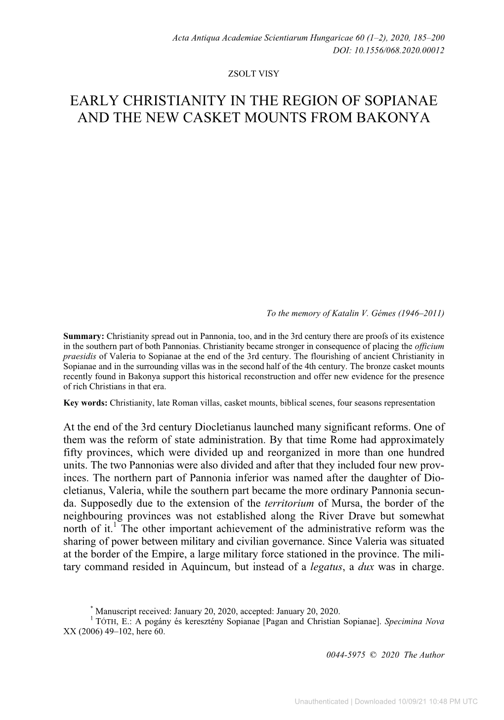 Early Christianity in the Region of Sopianae and the New Casket Mounts from Bakonya