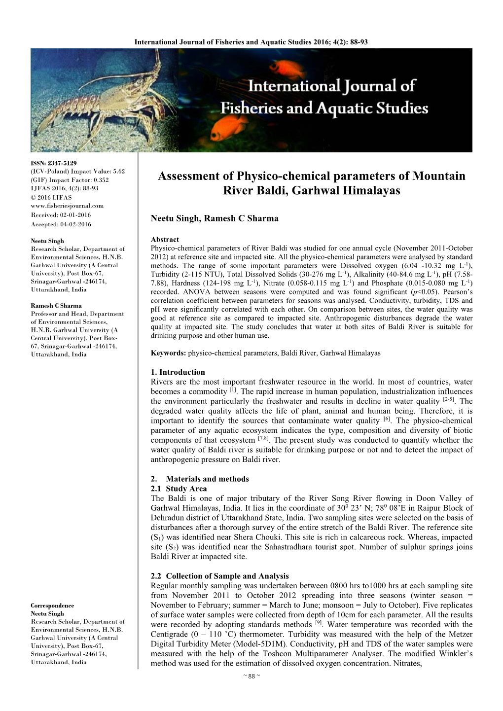 Assessment of Physico-Chemical Parameters of Mountain River Baldi, Garhwal Himalayas