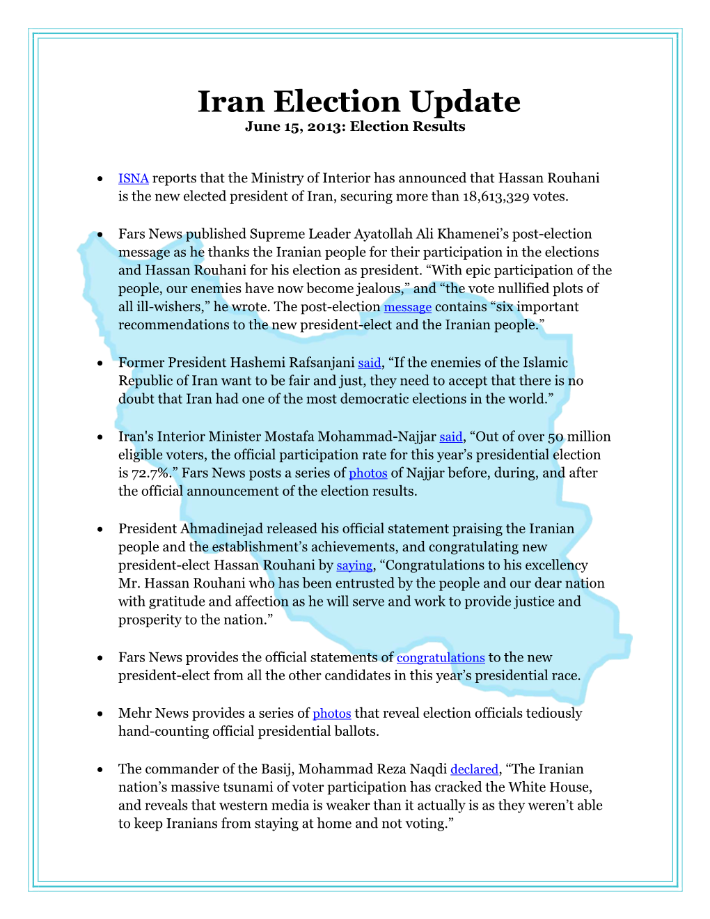 Iran Election Update June 15, 2013: Election Results