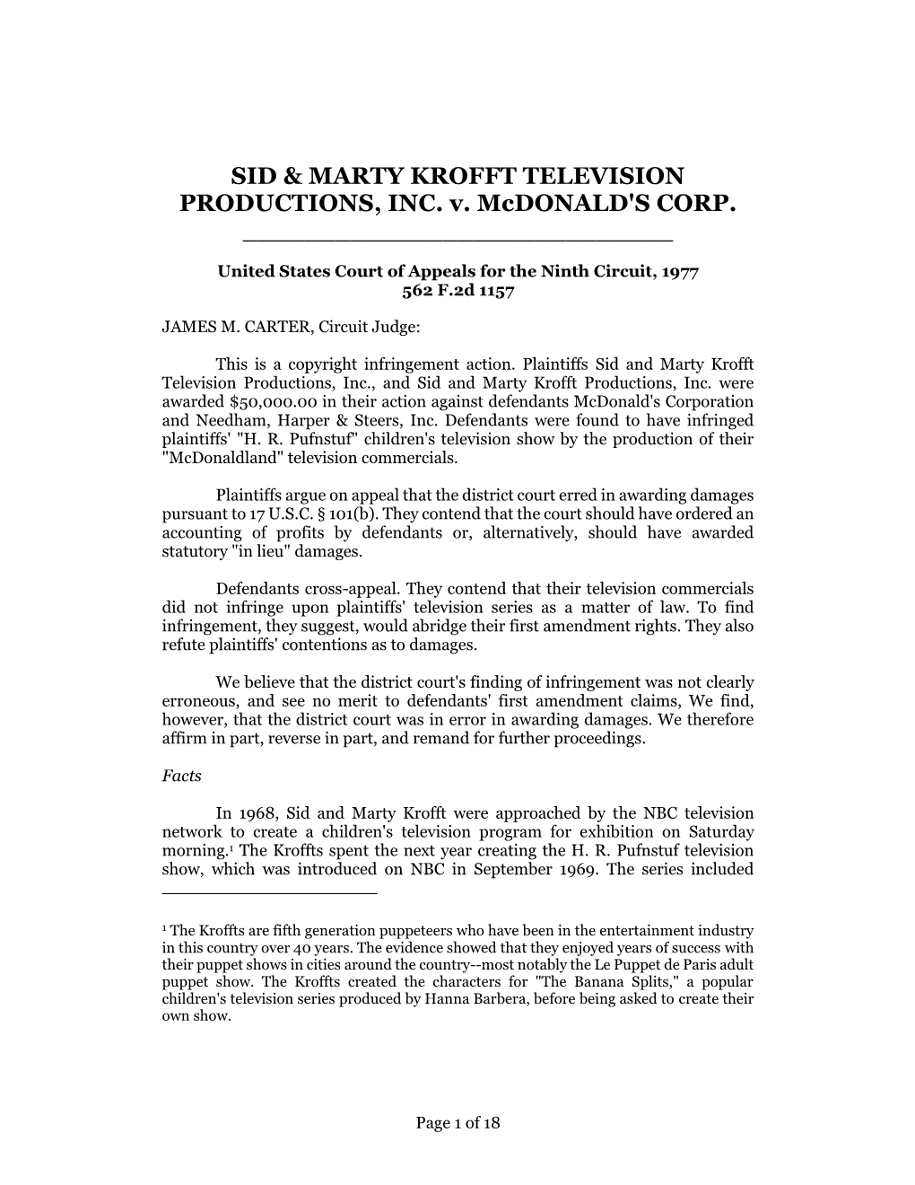 SID & MARTY KROFFT TELEVISION PRODUCTIONS, INC. V