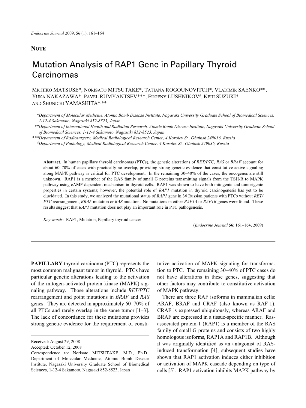 Mutation Analysis of RAP1 Gene in Papillary Thyroid Carcinomas