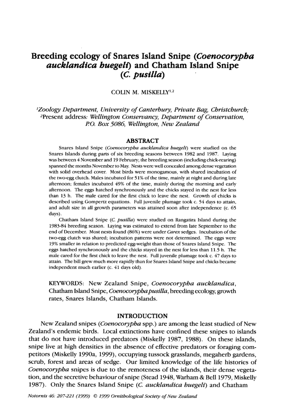 Breeding Ecology of Snares Island Snipe (Coenocorypba Aucklandica Buegelf) and Chatham Island Snipe (C