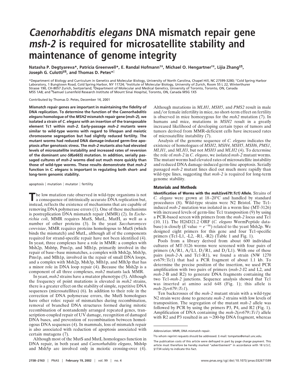 Caenorhabditis Elegans DNA Mismatch Repair Gene Msh-2 Is Required for Microsatellite Stability and Maintenance of Genome Integrity