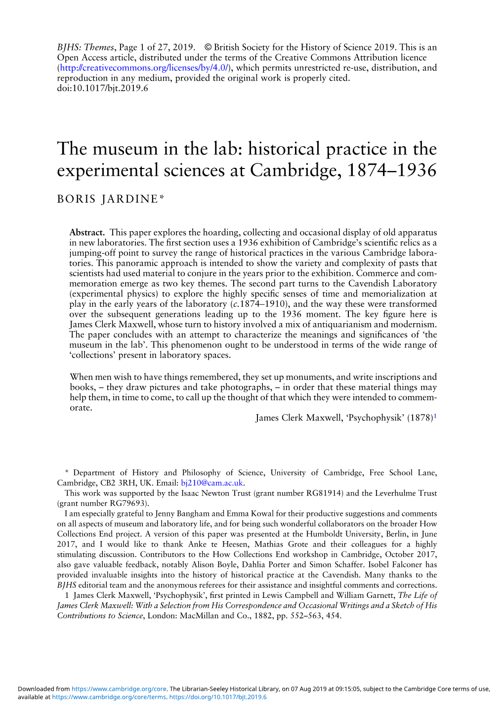 The Museum in the Lab: Historical Practice in the Experimental Sciences at Cambridge, 1874–1936