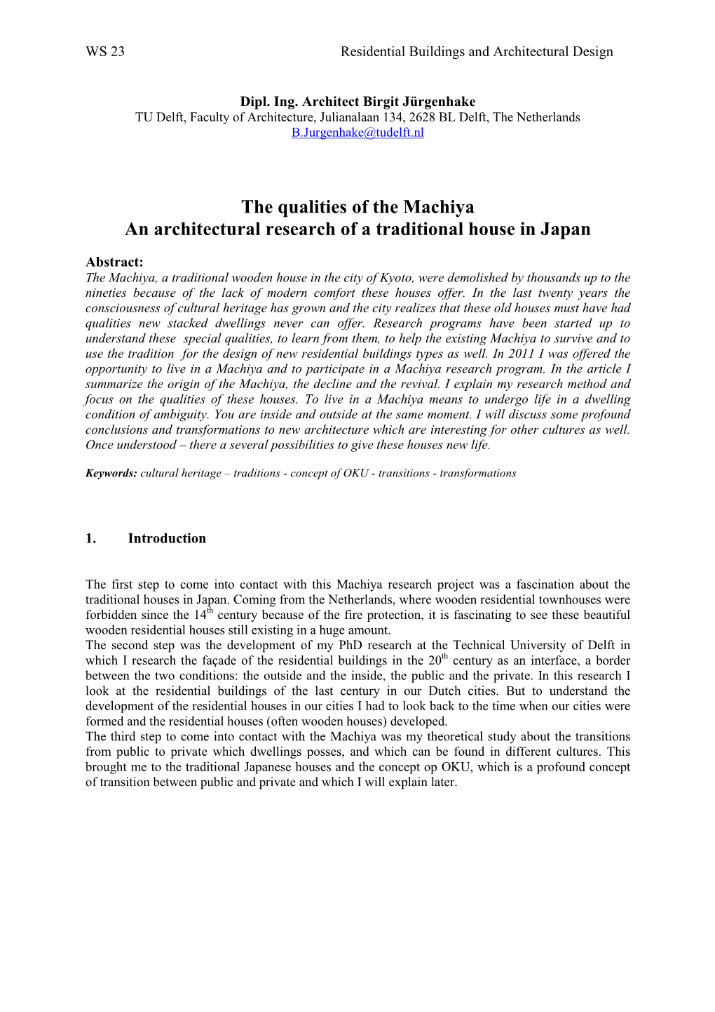 The Qualities of the Machiya an Architectural Research of a Traditional House in Japan