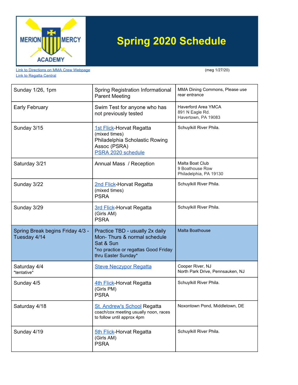 Sunday 1/26, 1Pm Spring Registration Informational Parent Meeting Early