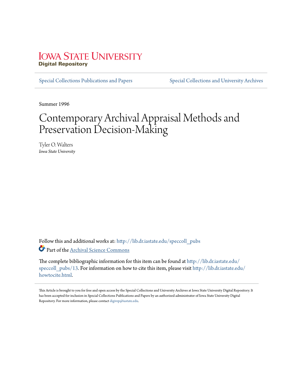Contemporary Archival Appraisal Methods and Preservation Decision-Making Tyler O
