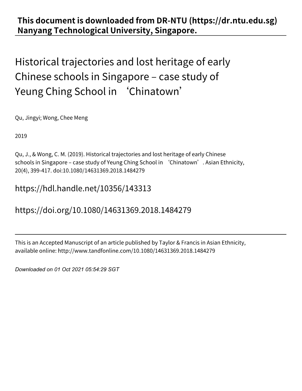 Historical Trajectories and Lost Heritage of Early Chinese Schools in Singapore – Case Study of Yeung Ching School in ‘Chinatown’