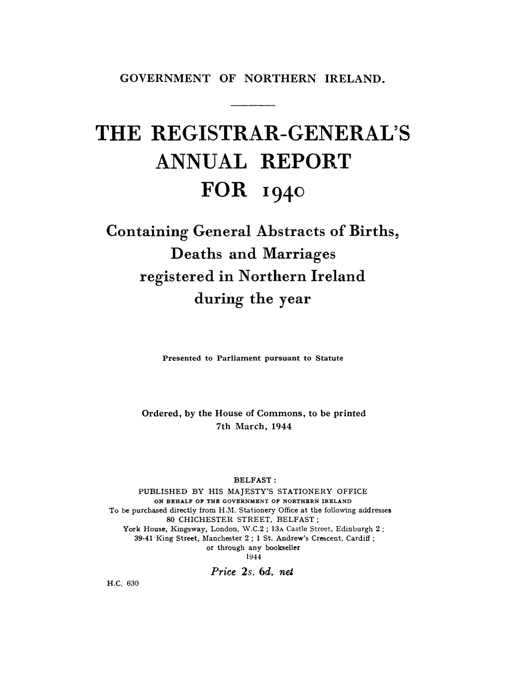 19Th Annual Report of the Registrar General (1940)