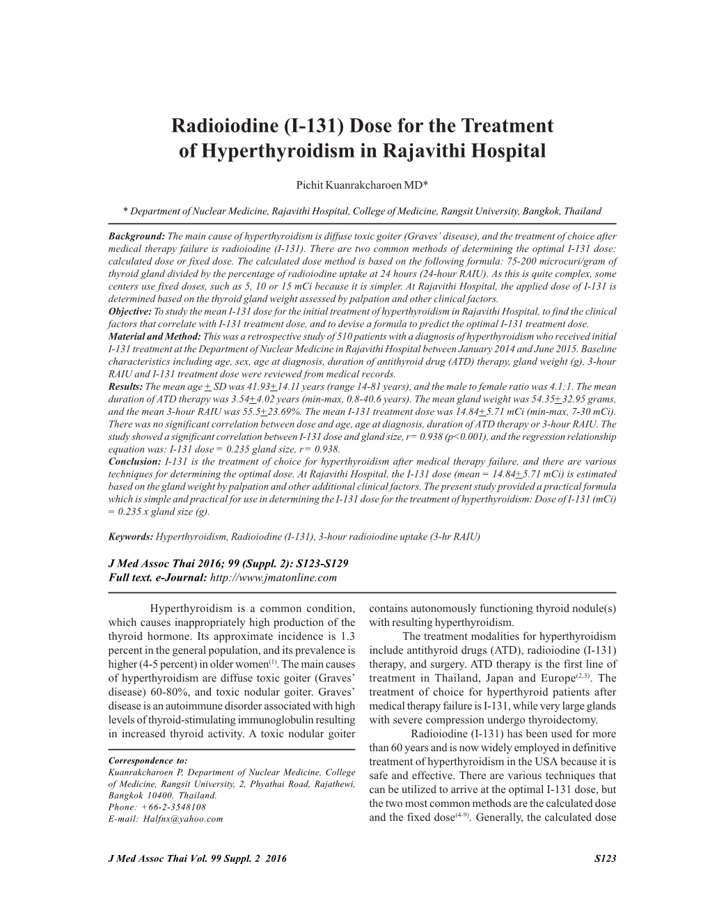 (I-131) Dose for the Treatment of Hyperthyroidism in Rajavithi Hospital