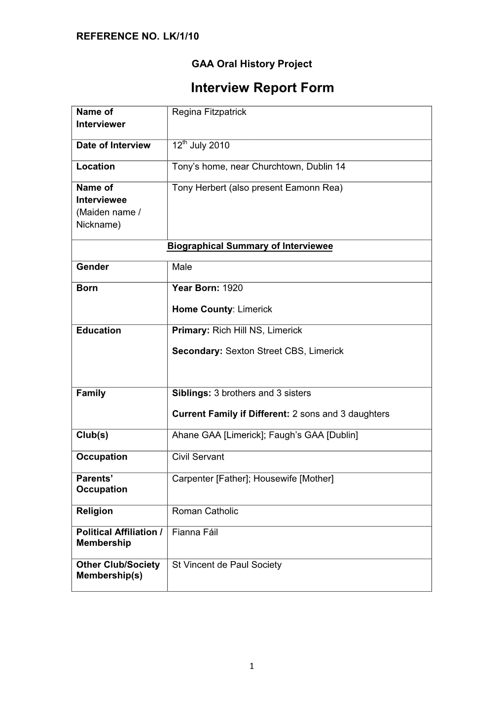 GAA Oral History Project Interview Report Form