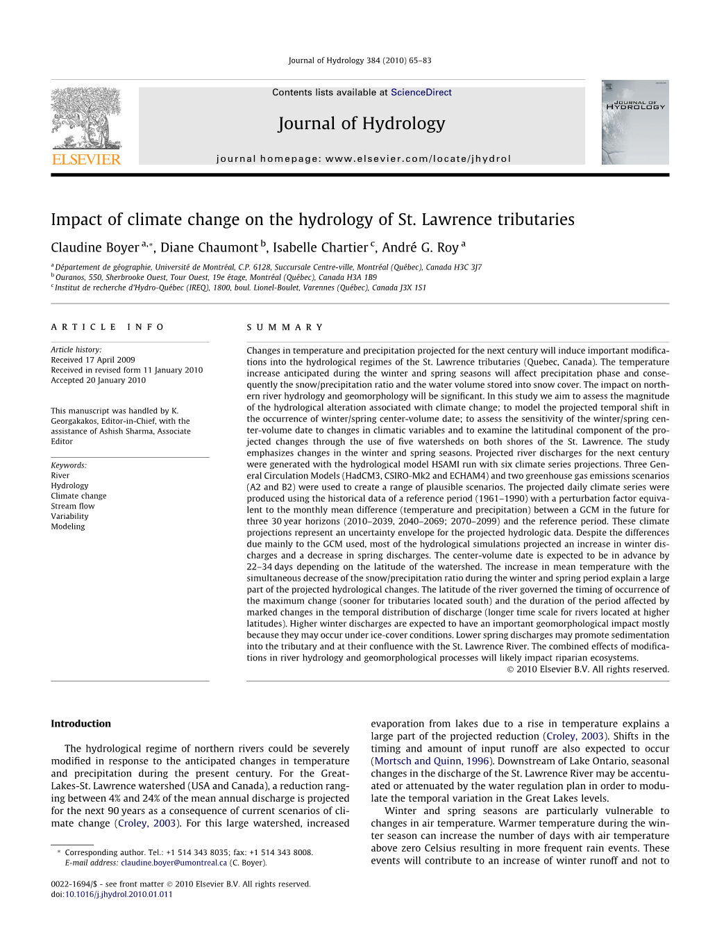 Impact of Climate Change on the Hydrology of St. Lawrence Tributaries