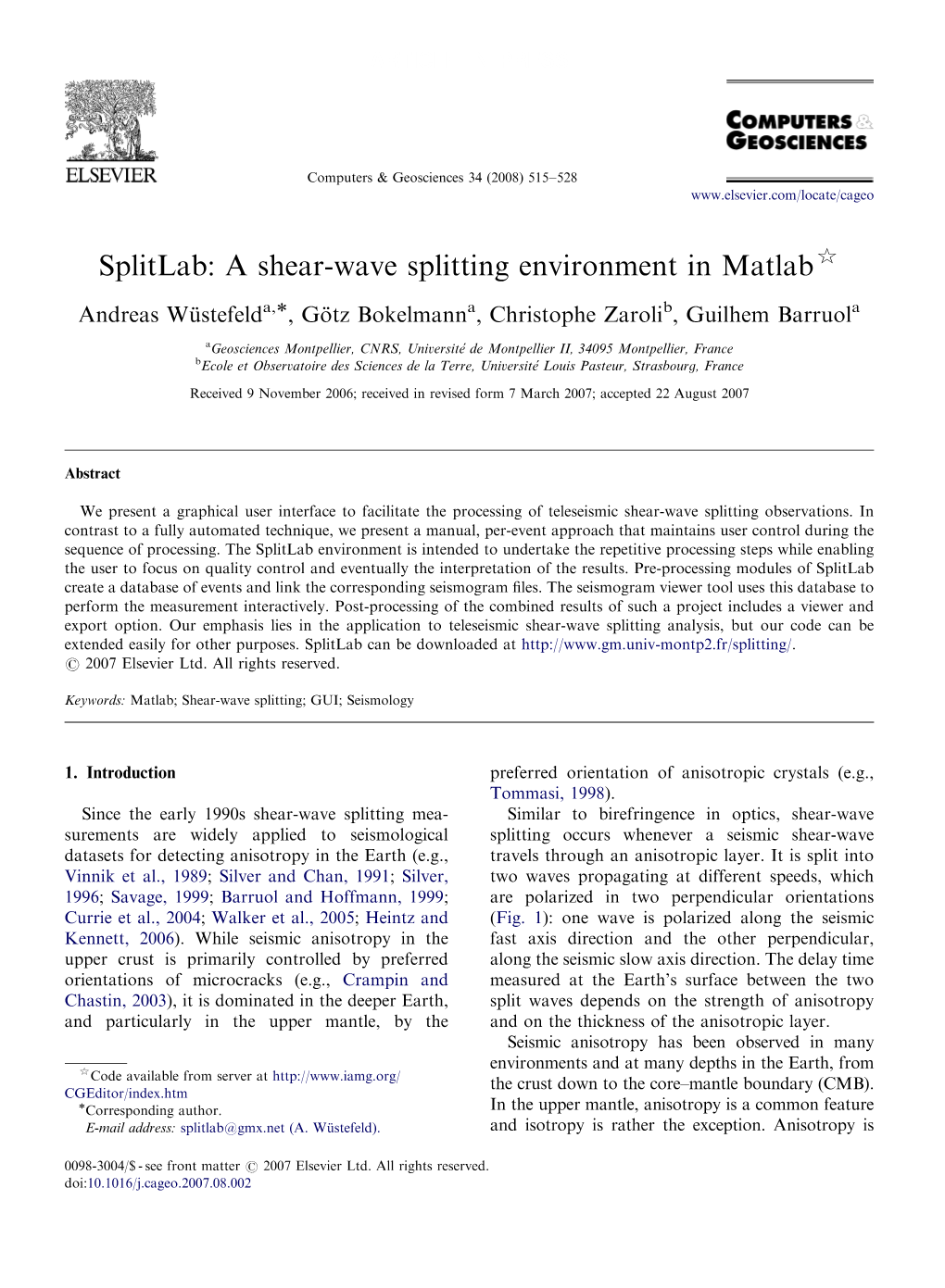 Splitlab: a Shear-Wave Splitting Environment in Matlab$