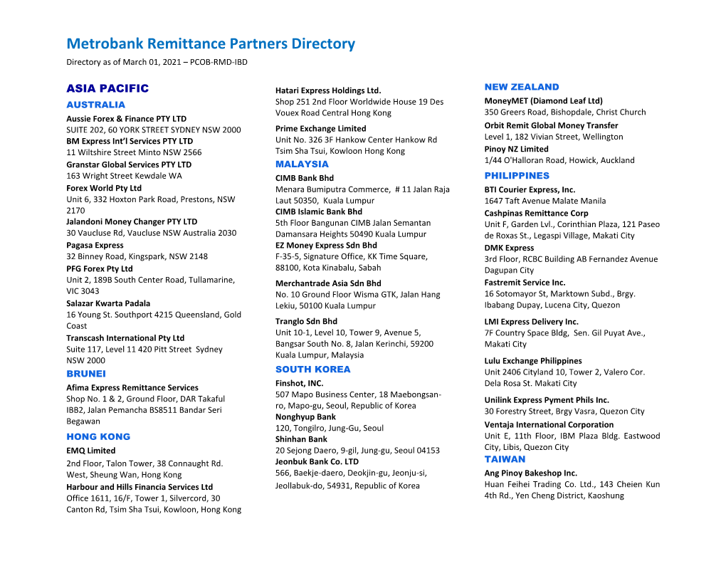 Metrobank Remittance Partners Directory Directory As of March 01, 2021 – PCOB-RMD-IBD