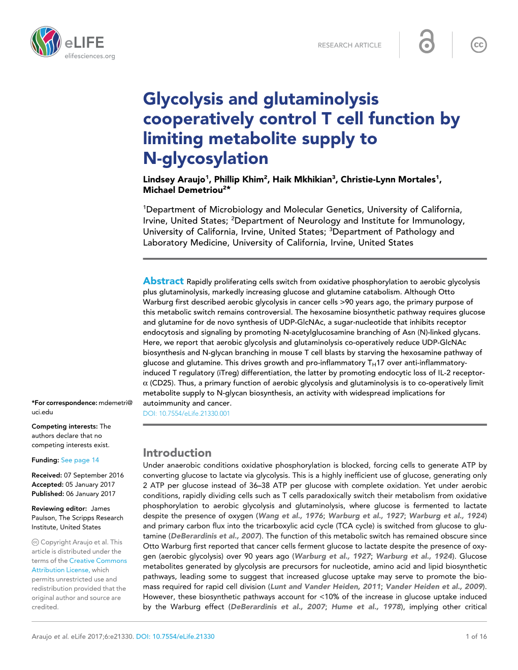 Glycolysis and Glutaminolysis Cooperatively Control T Cell Function