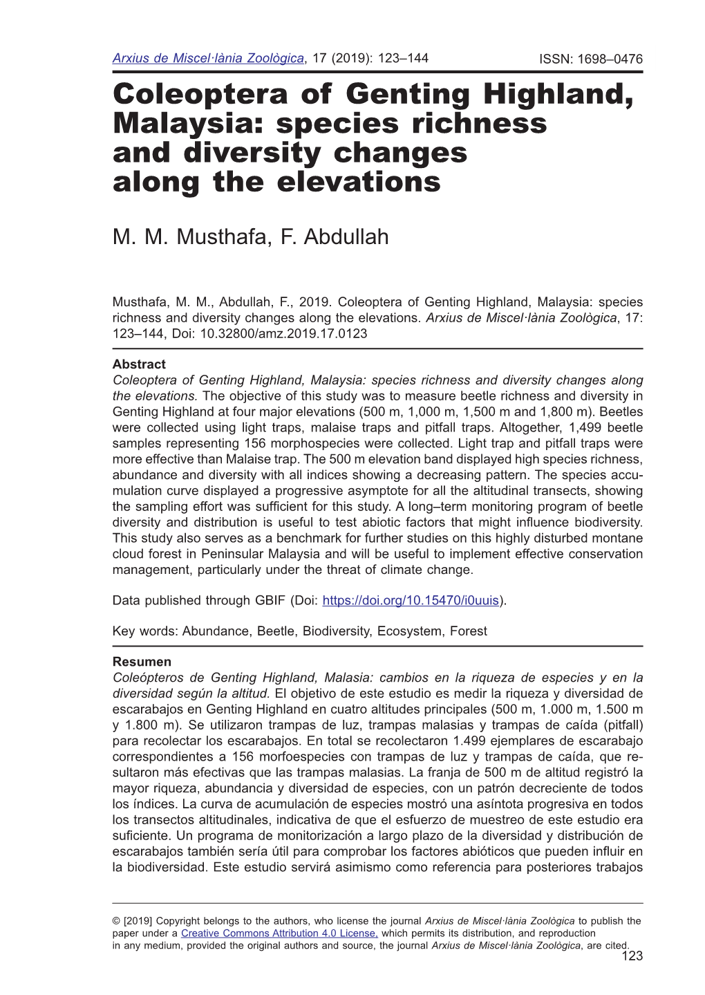 Coleoptera of Genting Highland, Malaysia: Species Richness and Diversity Changes Along the Elevations