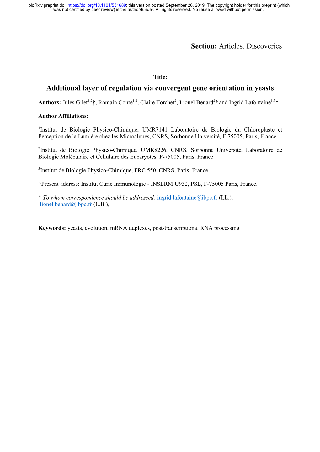 Additional Layer of Regulation Via Convergent Gene Orientation in Yeasts