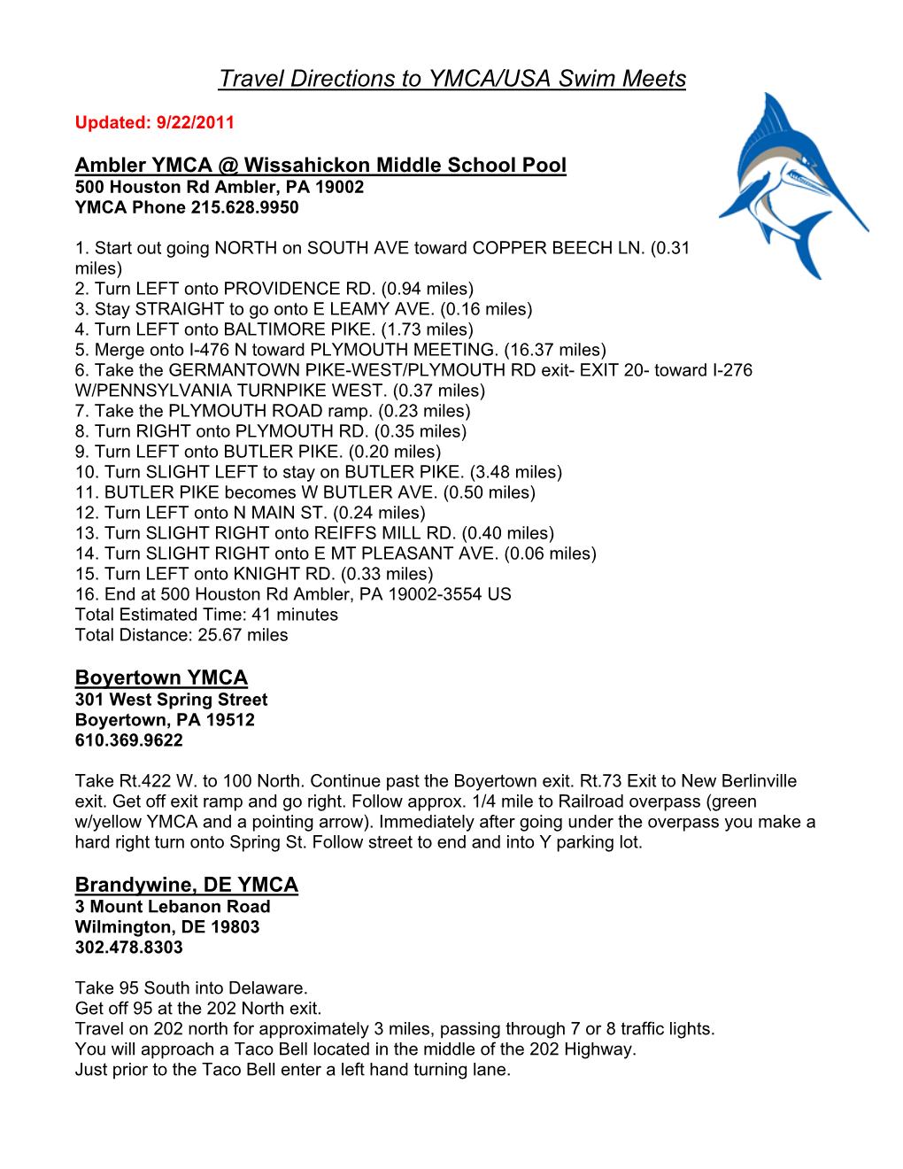 Travel Directions to YMCA/USA Swim Meets