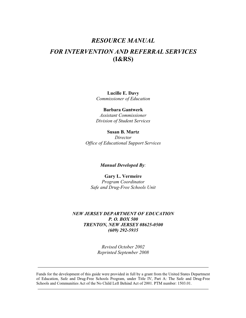Resource Manual for Intervention and Referral Services (I&Rs)