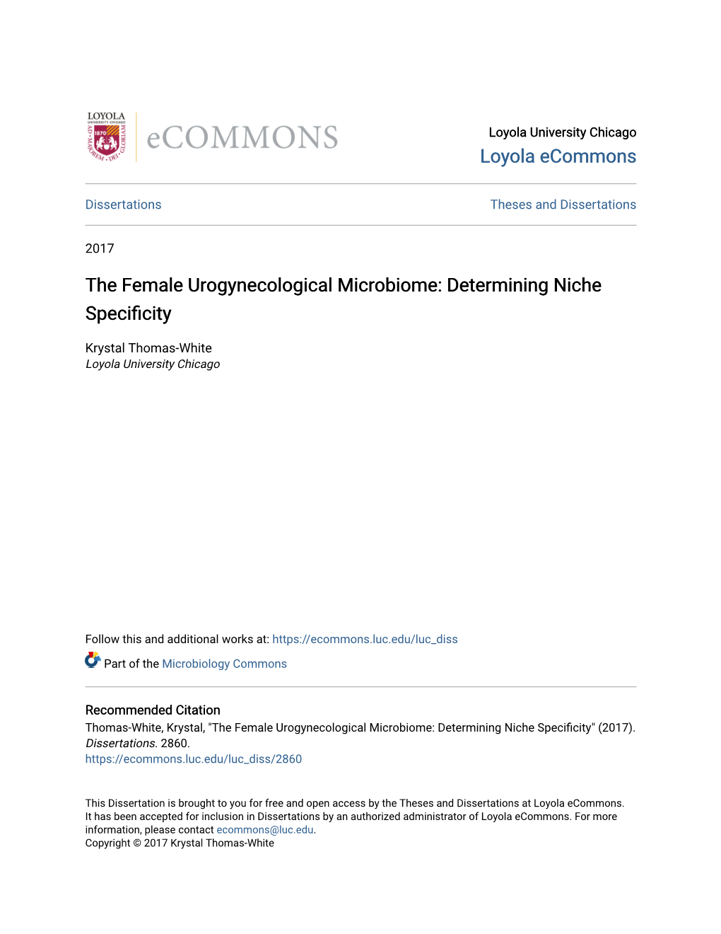 The Female Urogynecological Microbiome: Determining Niche Specificity