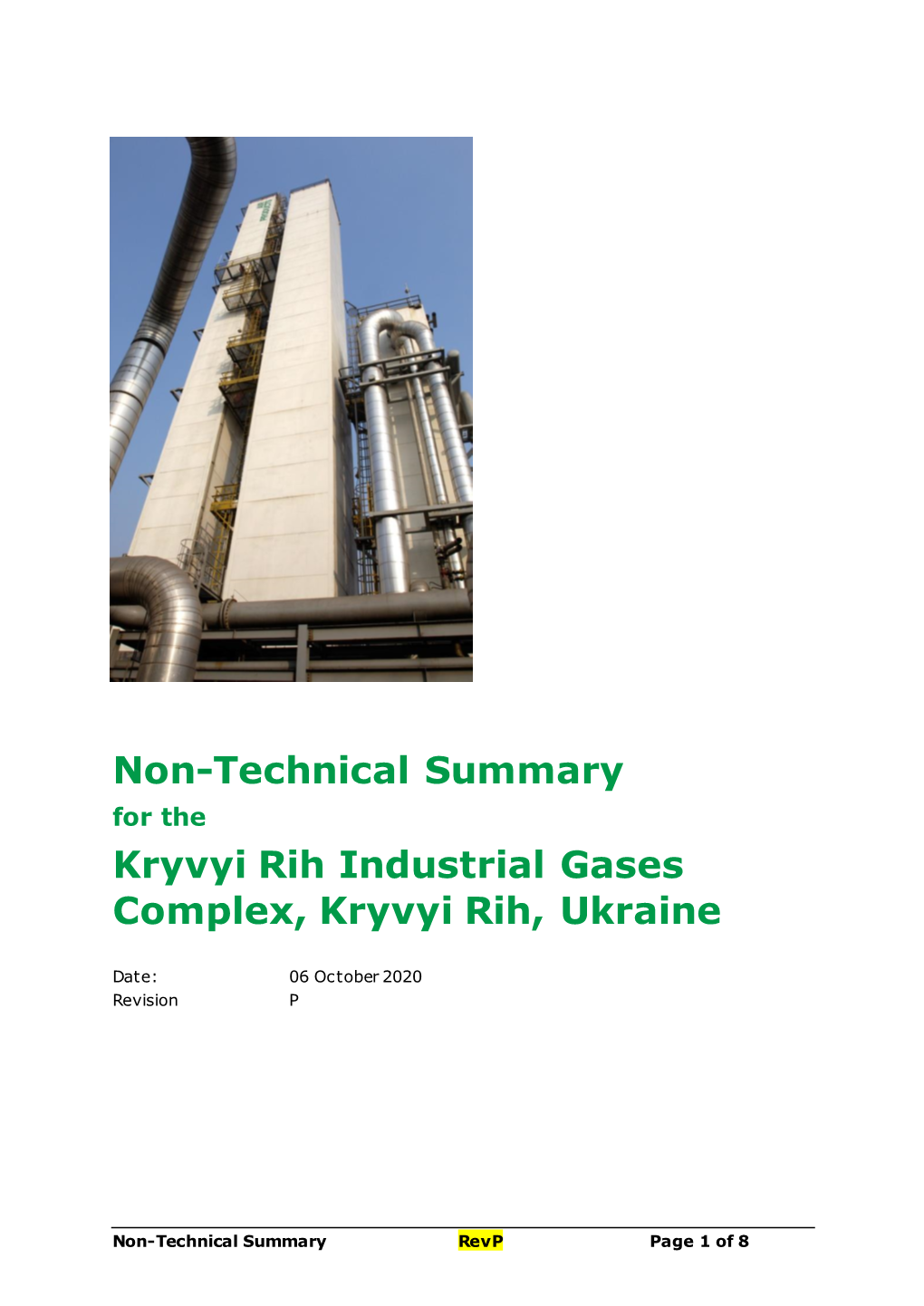 Non-Technical Summary for the Kryvyi Rih Industrial Gases Complex, Kryvyi Rih, Ukraine