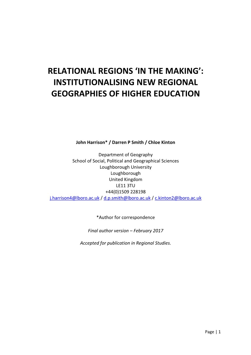 Relational Regions 'In the Making': Institutionalising