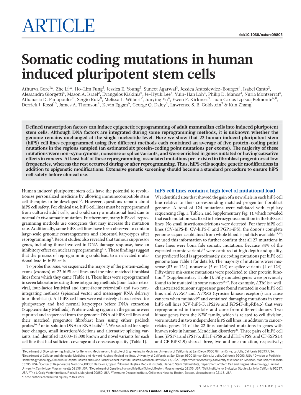 Somatic Coding Mutations in Human Induced Pluripotent Stem Cells