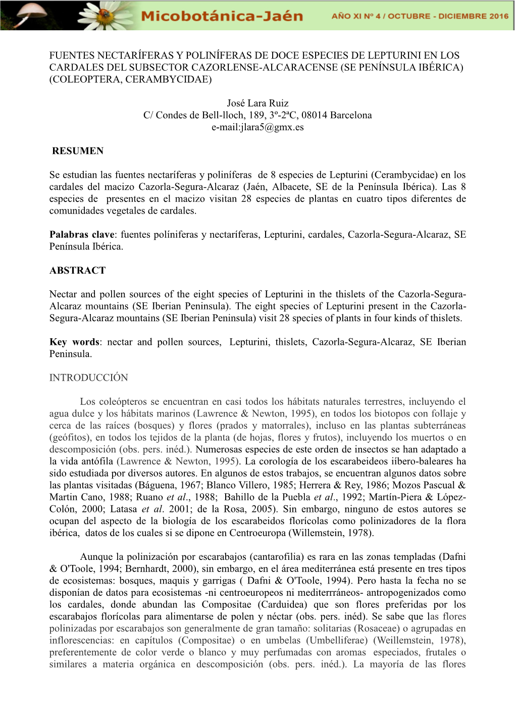 Fuentes Nectaríferas Y Poliníferas De Doce Especies De Lepturini En Los Cardales Del Subsector Cazorlense-Alcaracense (Se