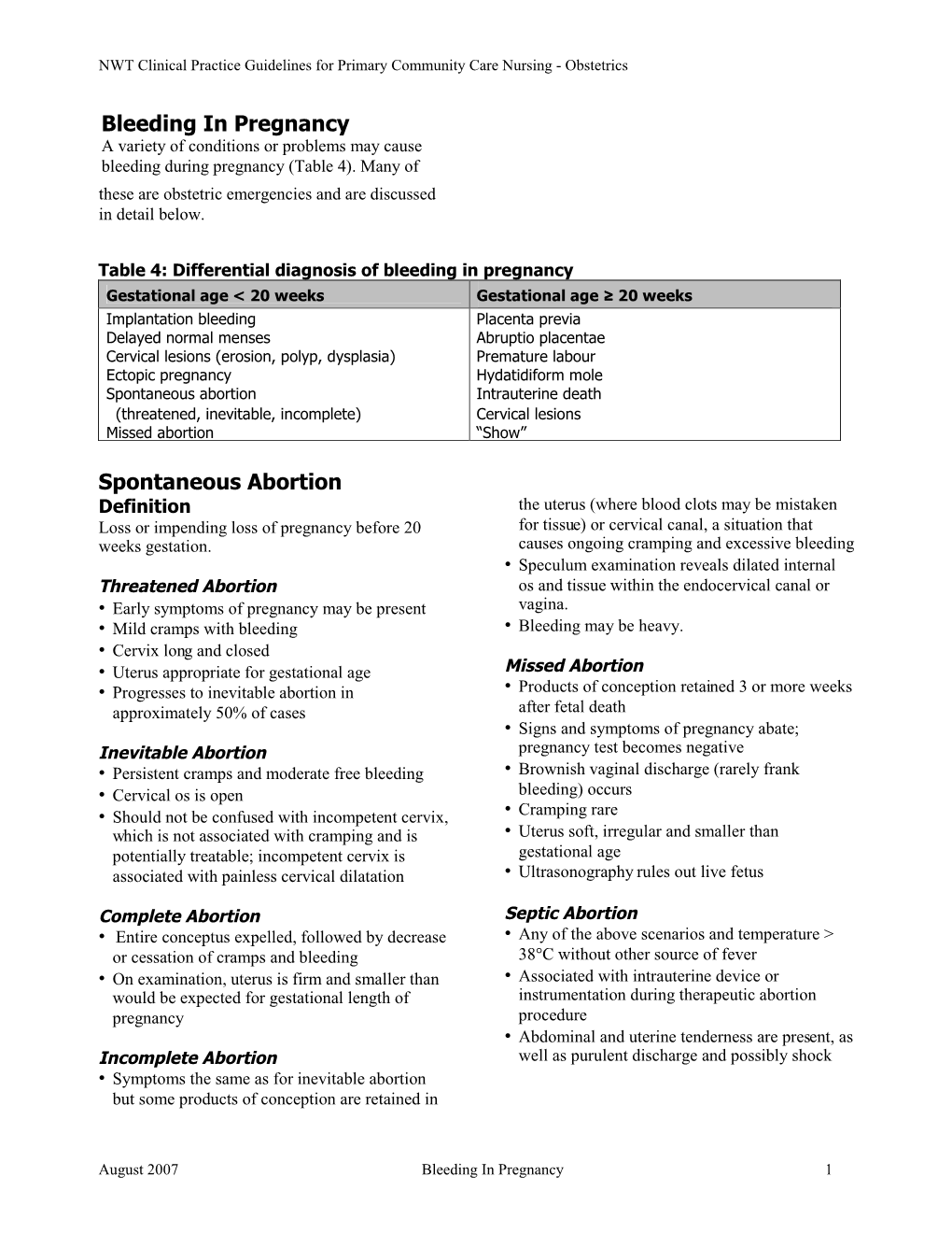 Bleeding in Pregnancy a Variety of Conditions Or Problems May Cause Bleeding During Pregnancy (Table 4)