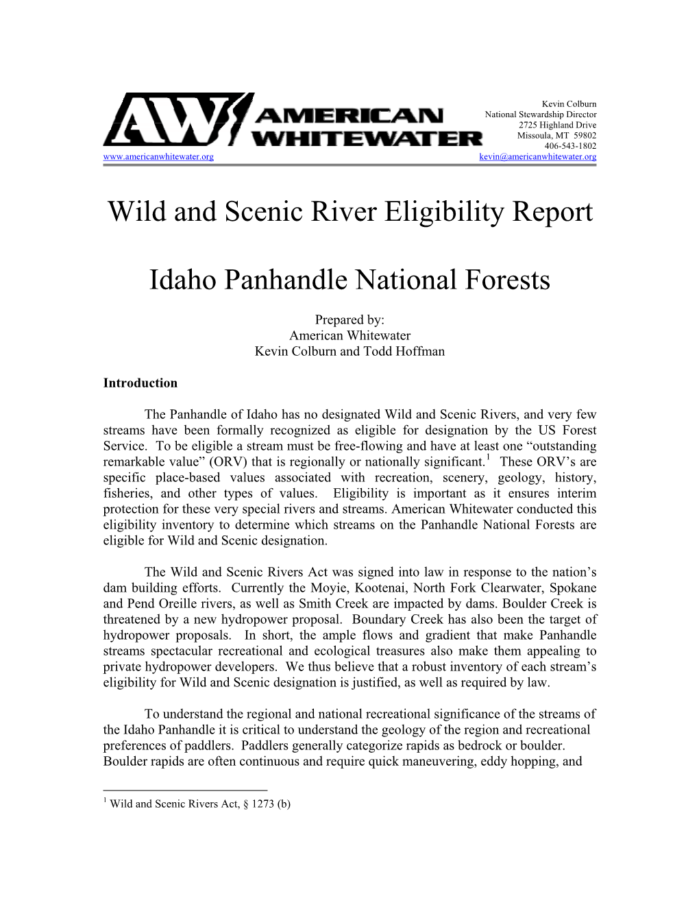 Wild and Scenic River Eligibility Report Idaho Panhandle National