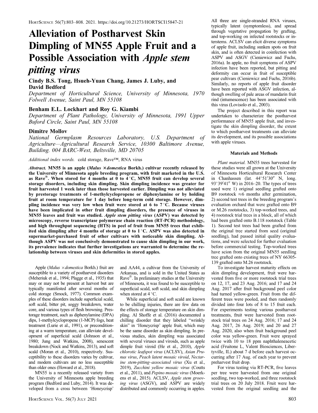 Alleviation of Postharvest Skin Dimpling of MN55 Apple Fruit and A