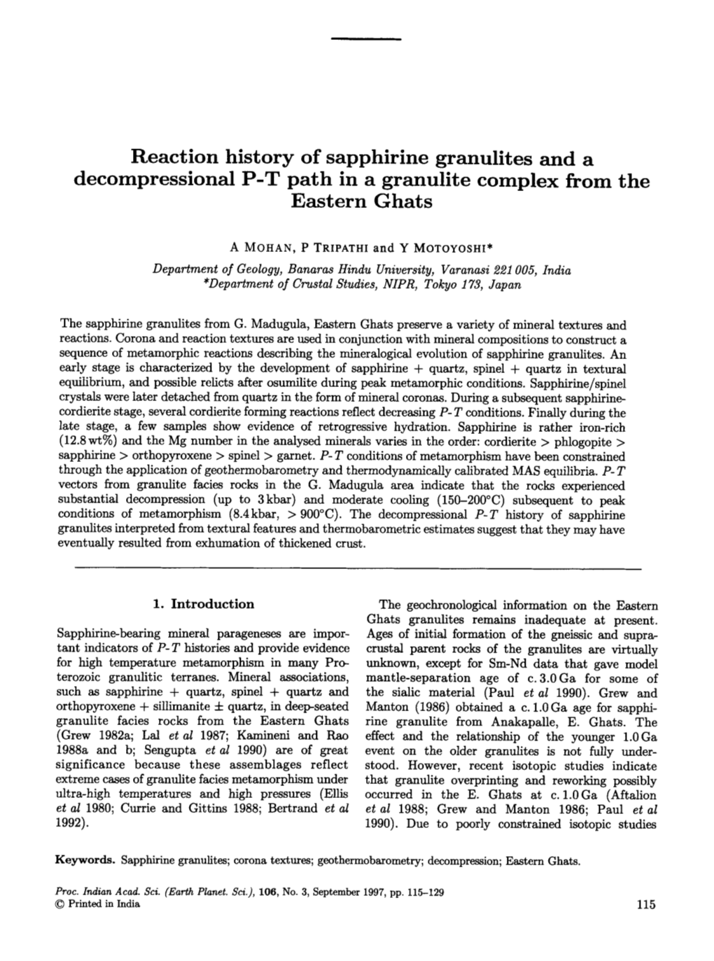 Reaction History of Sapphirine Granulites and a Decompressional P-T Path in a Granulite Complex from the Eastern Ghats