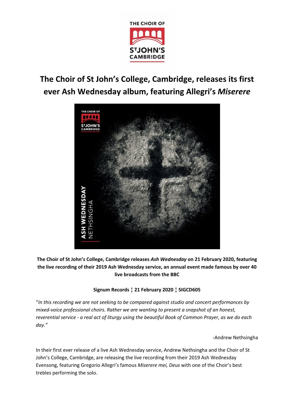 The Choir of St John's College, Cambridge, Releases Its First Ever