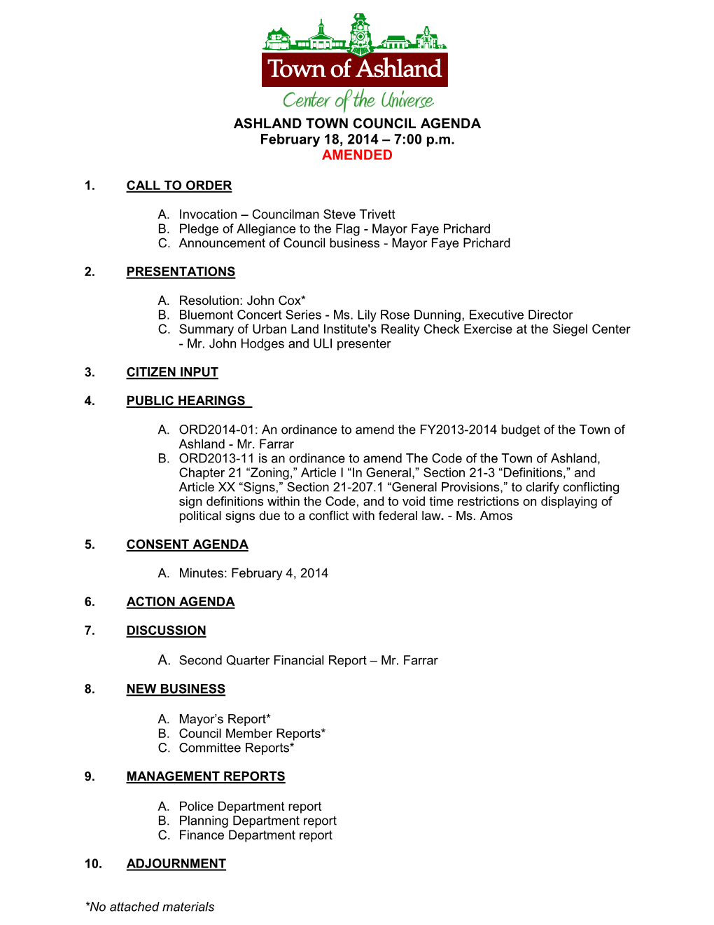 ASHLAND TOWN COUNCIL AGENDA February 18, 2014 – 7:00 P.M
