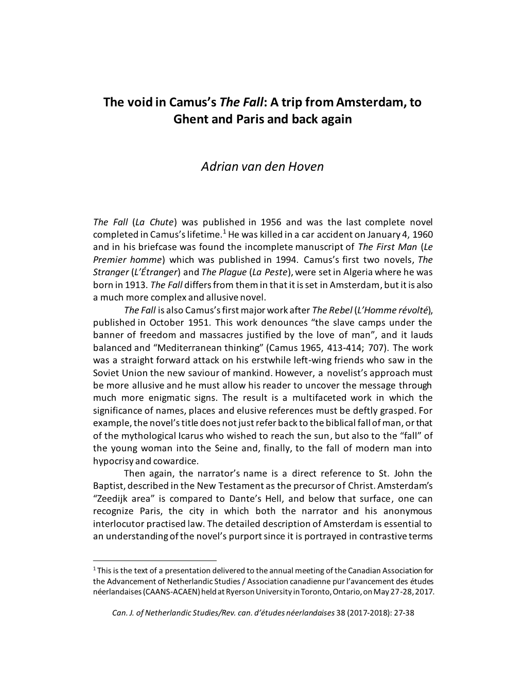 Pp. 27-38 Adrian Van Den Hoven: the Void in Camus's the Fall