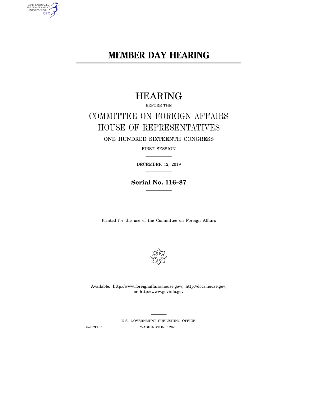 Committee on Foreign Affairs House of Representatives One Hundred Sixteenth Congress
