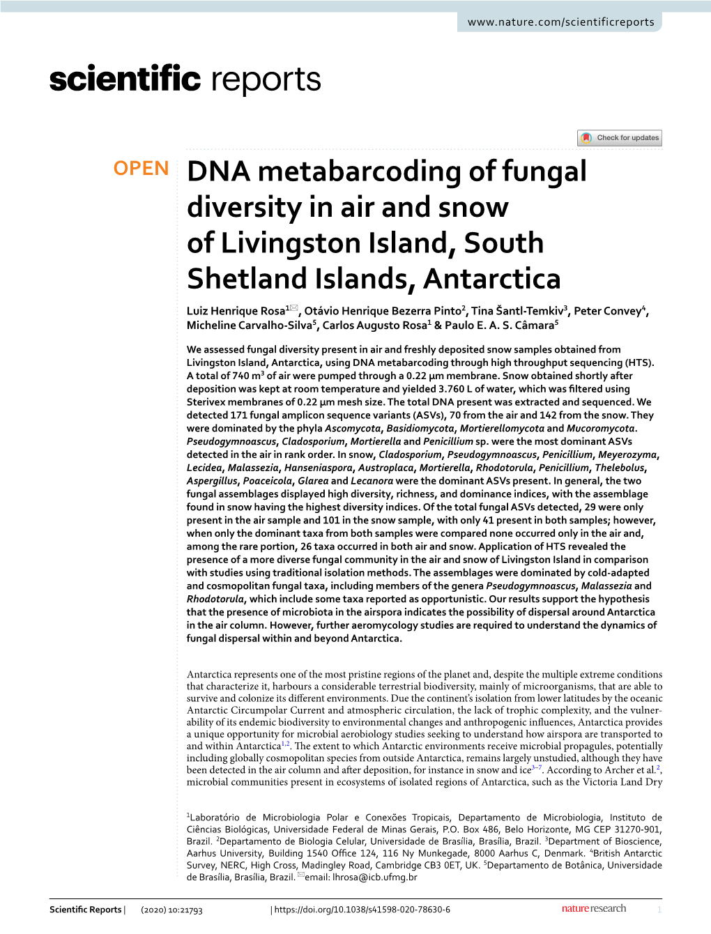 DNA Metabarcoding of Fungal Diversity in Air and Snow of Livingston