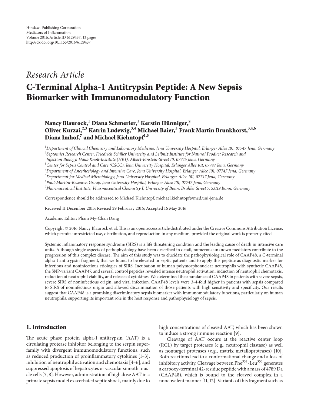 C-Terminal Alpha-1 Antitrypsin Peptide: a New Sepsis Biomarker with Immunomodulatory Function